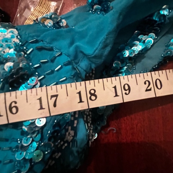 Demetrios Designs Turquoise 80s 90 Beaded Evening Gown Sz M Long Sleeve Cut Out - Picture 11 of 11